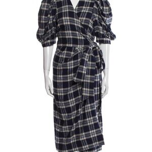 HUNTER BELL Puff Sleeve Plaid Flannel Wrap Tie Dress | blue/beige | Small